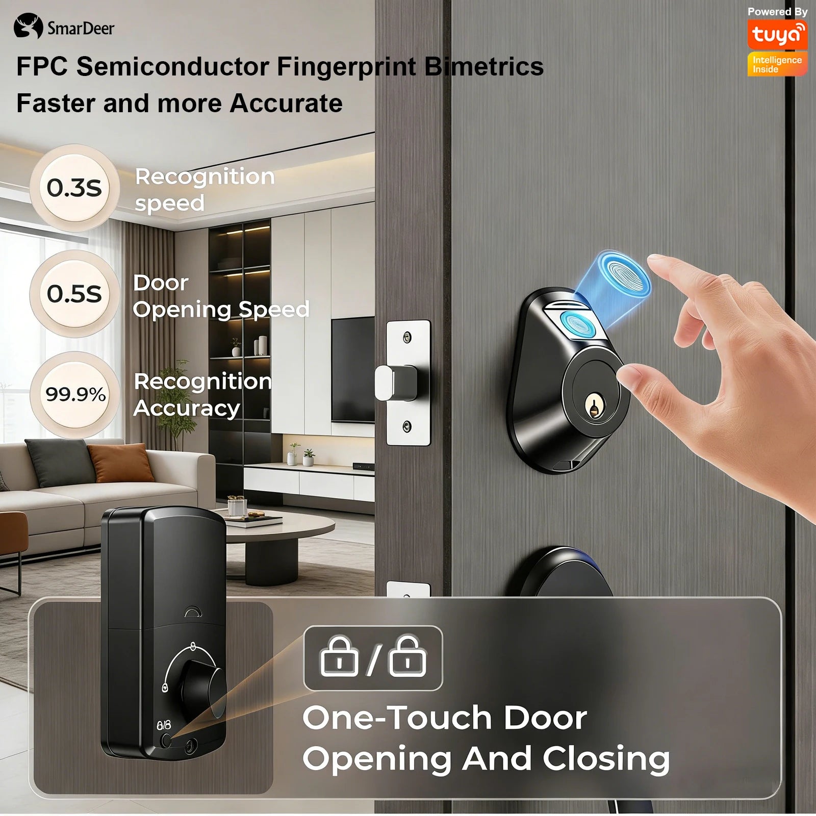 SmarDeer Electronic Lock for Tuya Smart Lock Keyless entry Digital Door Lock Smart Deadbolt with Fingerprint