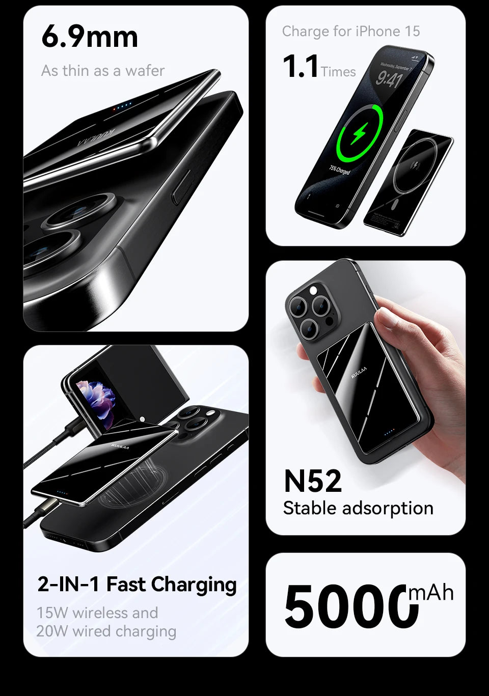 KUULAA Magnetic Power Bank 5000mAh Portable Charger 20W Fast Charging External Battery For Magsafe For iPhone17 16 15 14 Por Max