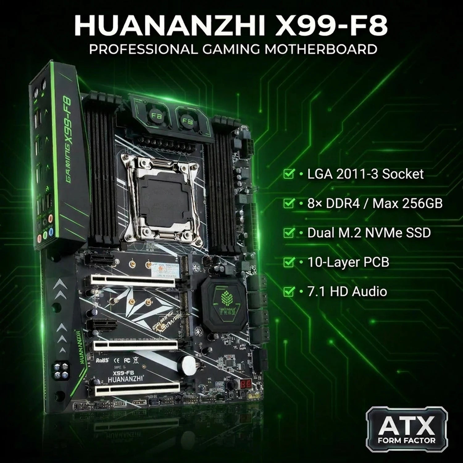 HUANANZHI X99 F8 Placa-mãe LGA2011-3 DDR4 2133MHz SATA3.0 8CH Audio Desktop Motherboard High Performance para Intel Xeon E5 V3V4