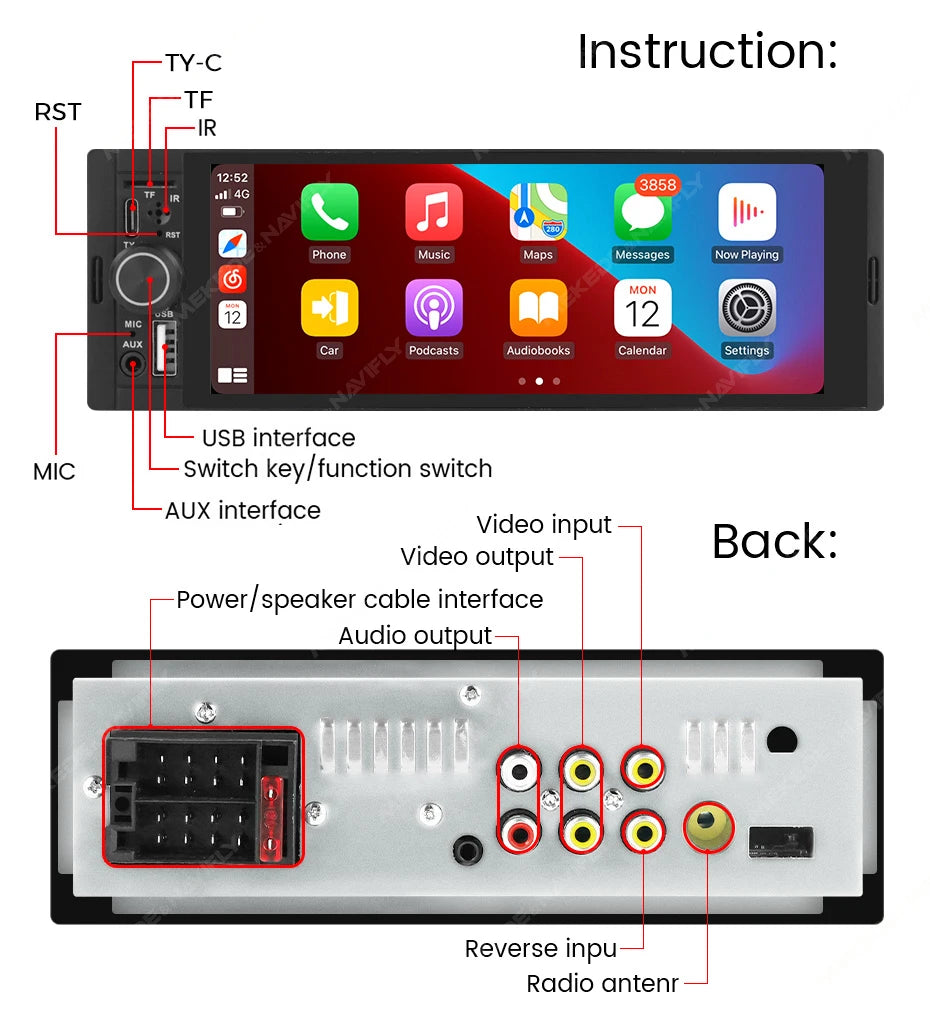 1Din Wireless CarPlay Android AUTO HD touch screen Universal 6.86'' Car Radio FM Stereo MP5 multimedia player BT TF port Camera