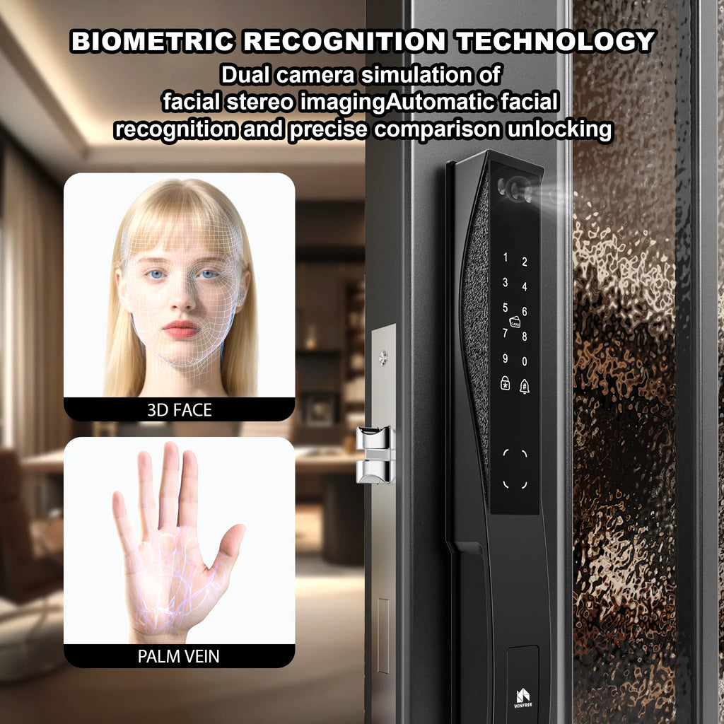 WINFREE 3D Face Recognition Smart Door Lock Slim Door Smart Lock Fingerprint Passcode Card Tuya APP Control Digital Lock Waterproof and Rechargeable Battery Intelligent Lock for Front Door and Gate