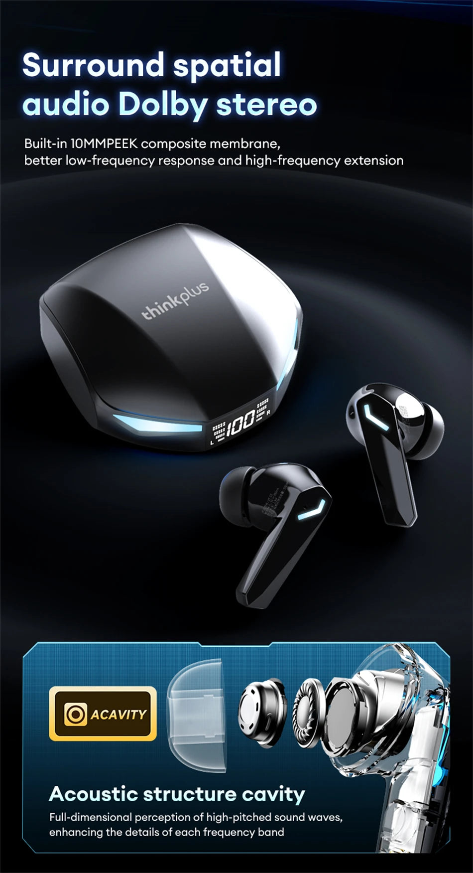 New Lenovo XT53 Wireless Bluetooth 5.4 Earphones LED Digital Display Waterproof Earbuds Noise Cancelling Gaming Headset