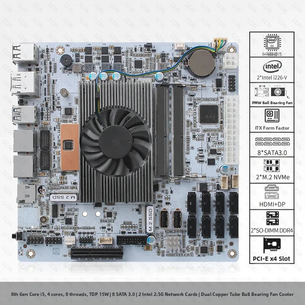 i5-8265U ES 8 SATA NAS Motherboard 2 LAN 2.5G Dual M.2 NVMe 8 SATA3.0 2*DDR4 NAS Board HDMI DP 17x17 Mini ITX board