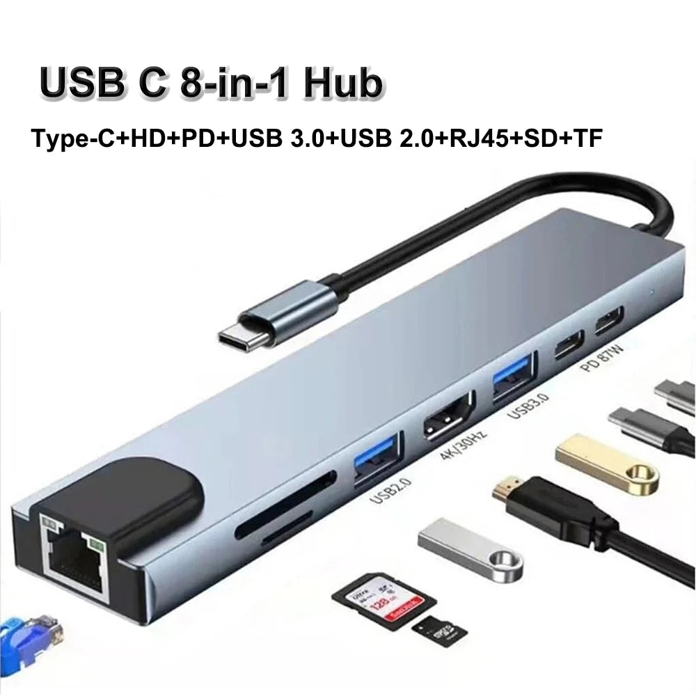 USB C Hub 8-in-1 Notebook Computer Multi-Port Adapter, 4K HD, PD, USB 3.0, RJ45, SD/TF, suitable for MacBook laptops