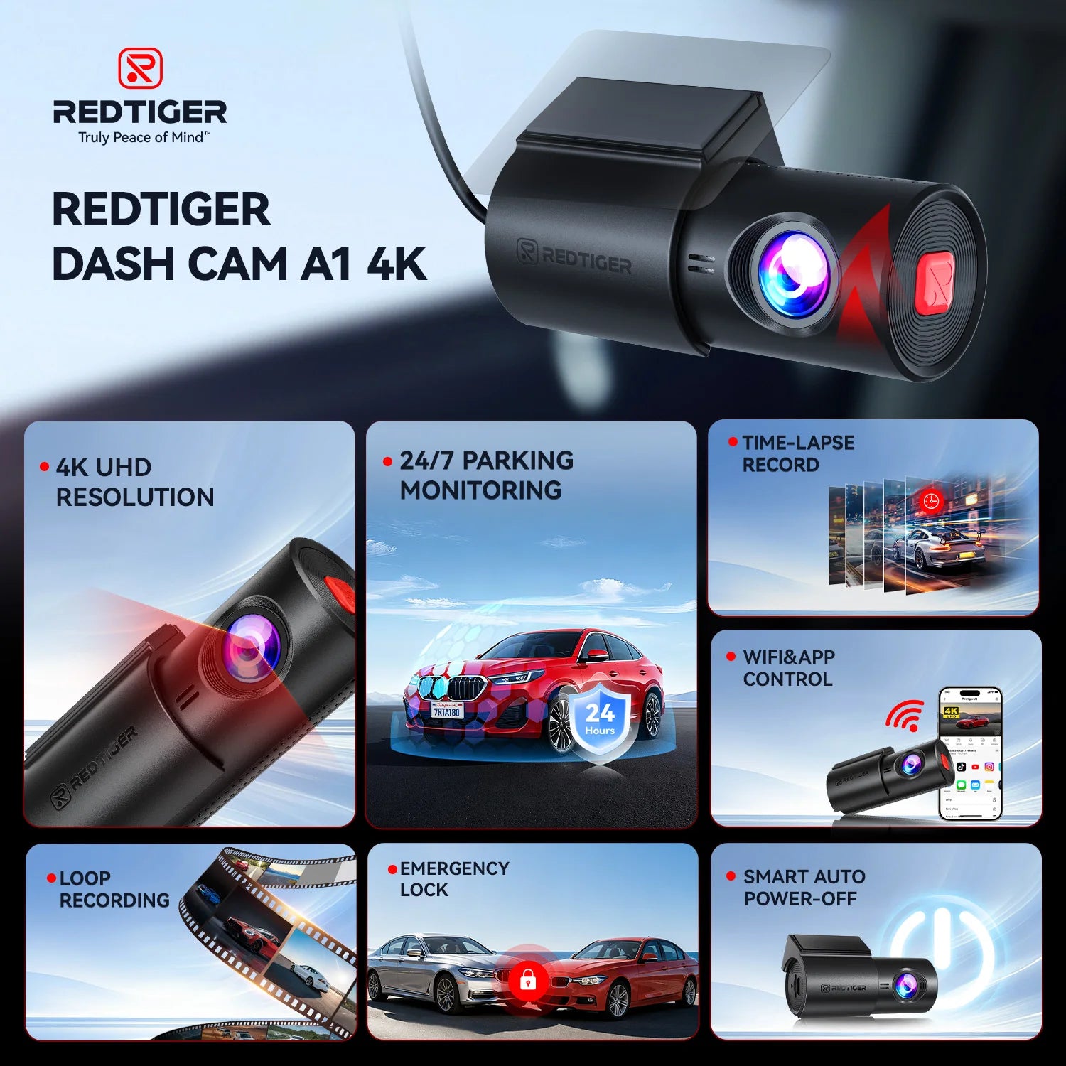 REDTIGER A1 4K Mini Dash Cam WiFi & APP Control Compact Car Camera Super Night Vision G-Sensor 24H Parking Mode Loop Recording