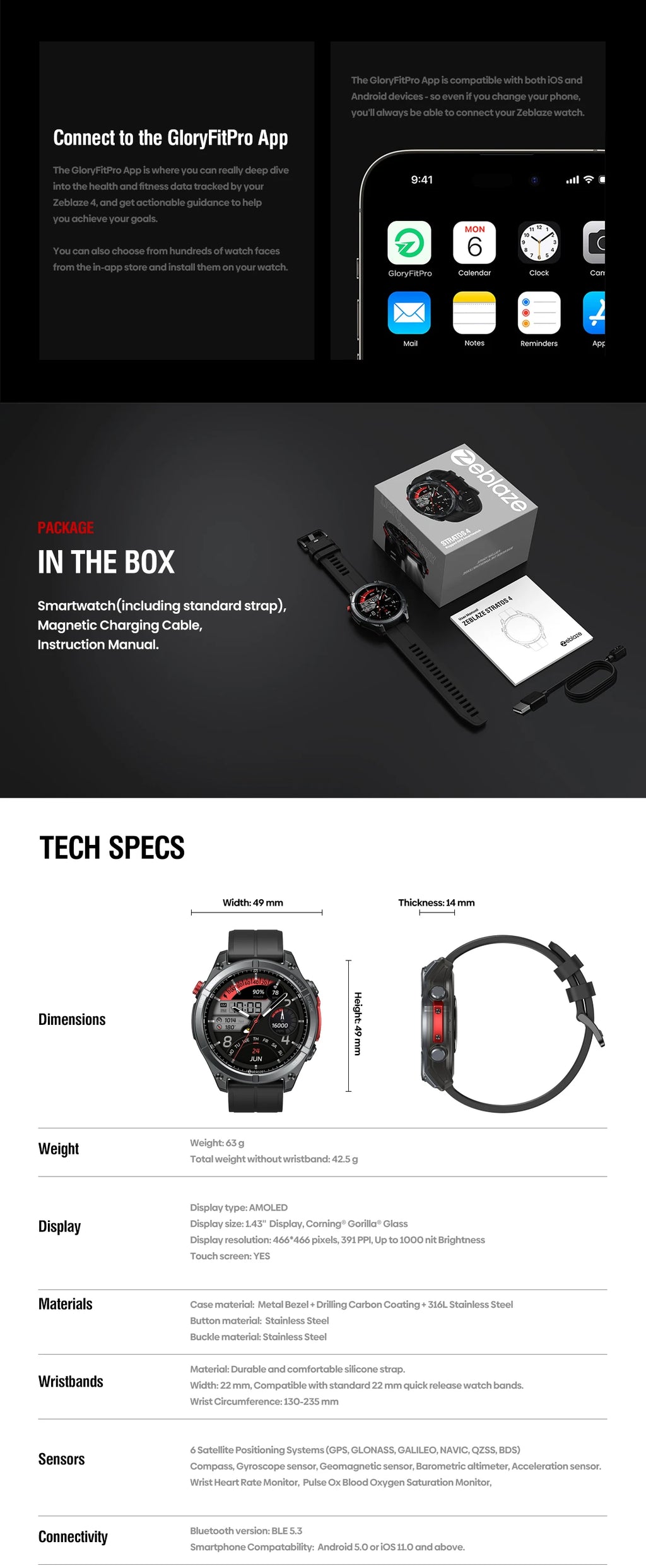 New Zeblaze Stratos 4 GPS Smart Watch 1.43'' AMOLED Display Built-in Flashlight Compass Barometric Altimeter 5 ATM Smartwatch