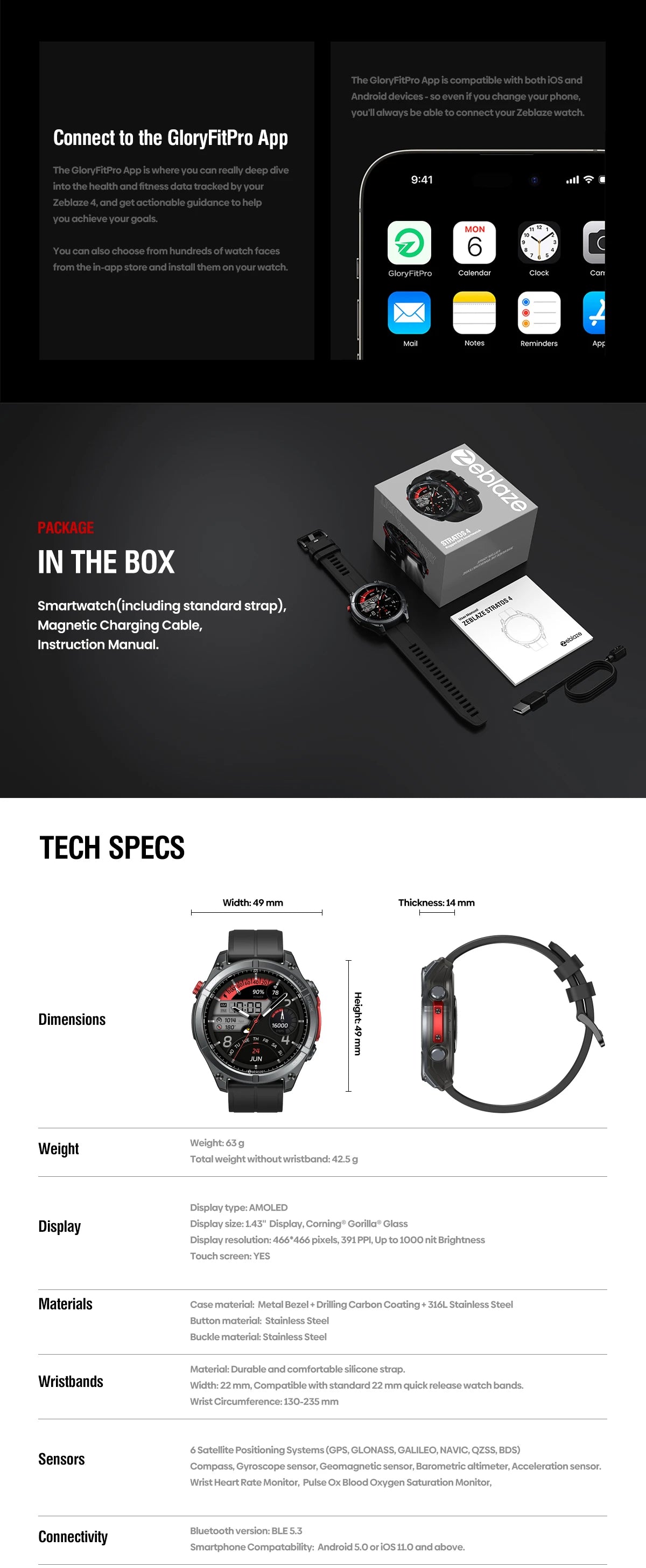 New Zeblaze Stratos 4 GPS Smart Watch 1.43'' AMOLED Display Built-in Flashlight Compass Barometric Altimeter 5 ATM Smartwatch