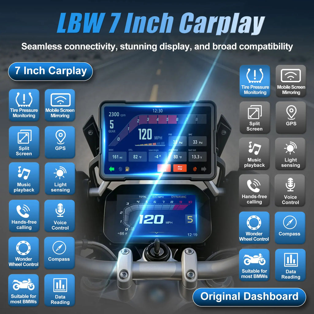 7 Inch Wireless CarPlay Moto Android Auto Portable Digital Motorcycle Dashboard GPS Navigation For BMW R1300GS R1250GS Screen