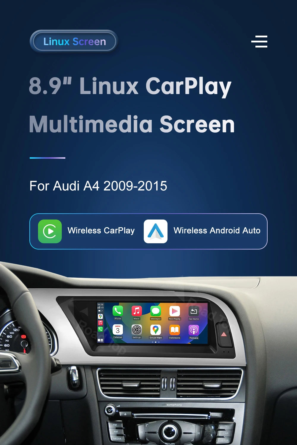 8.9 Inch 12.3"" Multimedia Display Touch Screen For Audi A4 S4 2009-2015 Airplay Miracast Function Wireless Carplay Android Auto