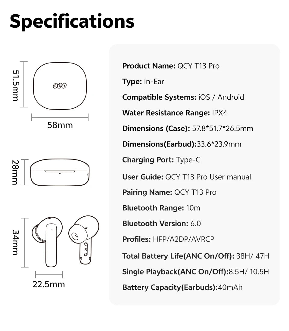 QCY T13 Pro HT23 Adaptive ANC Wireless Earbuds 13mm Drivers Powerful Bass 50dB Hybrid ANC Bluetooth 6.0 Earphones 6 Mics ENC 47H