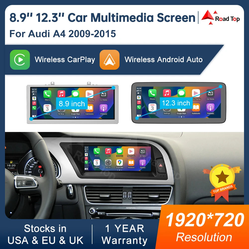 8.9 Inch 12.3"" Multimedia Display Touch Screen For Audi A4 S4 2009-2015 Airplay Miracast Function Wireless Carplay Android Auto