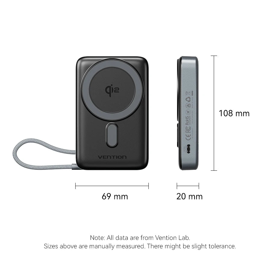 Vention Qi2 Magnetic 10000mAh 15W Power Bank PD 35W with Built-in C Cable Qi2-Certified for iPhone 17 Magsafe Charger Powerbank