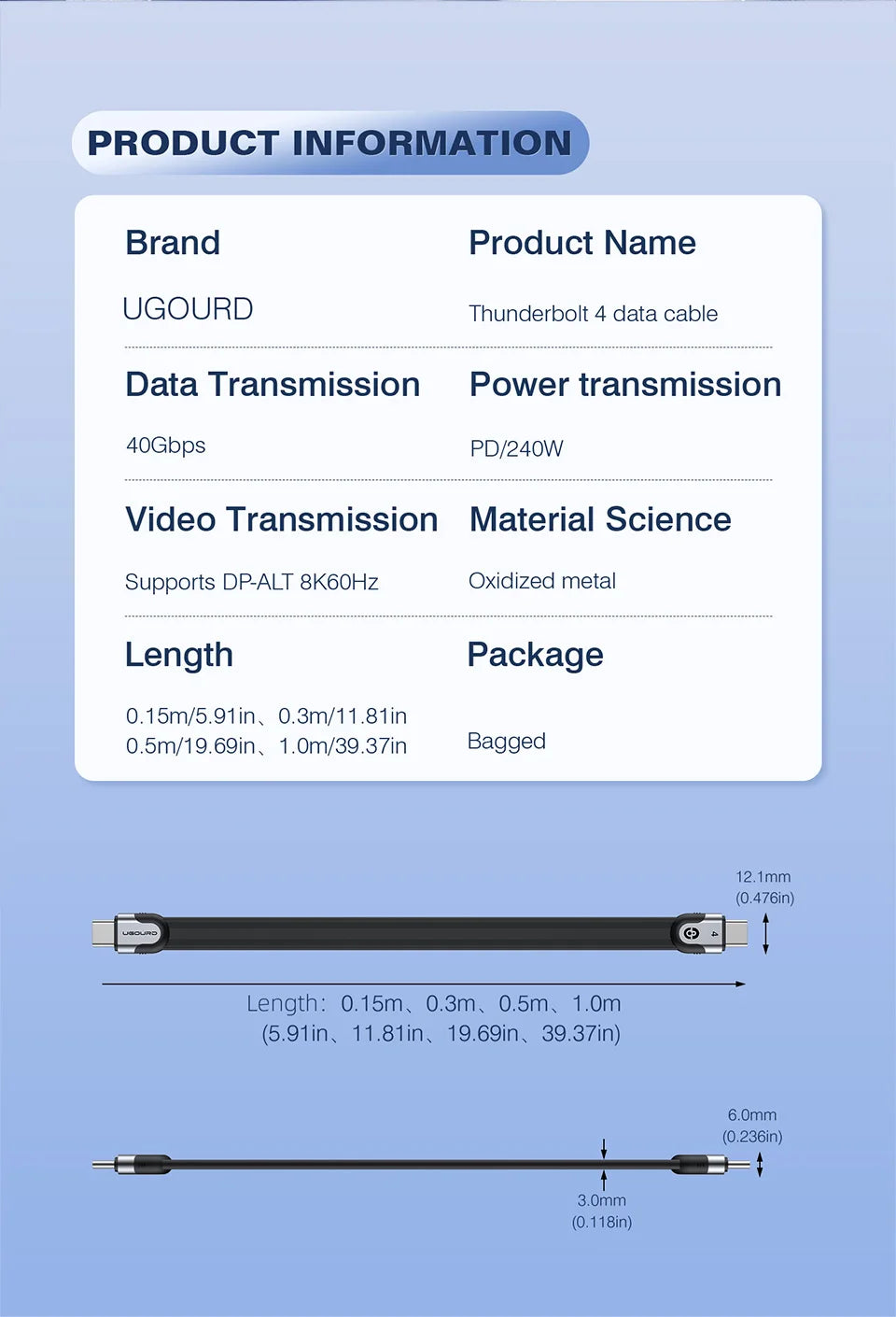 40Gbps Thunderbolt 4 USB C Full Function Cable Flat USB 4 Date Cable 0.15m 1m 8K PD 240W Cord for Thunderbolt3 iPhone 15/16 SSD