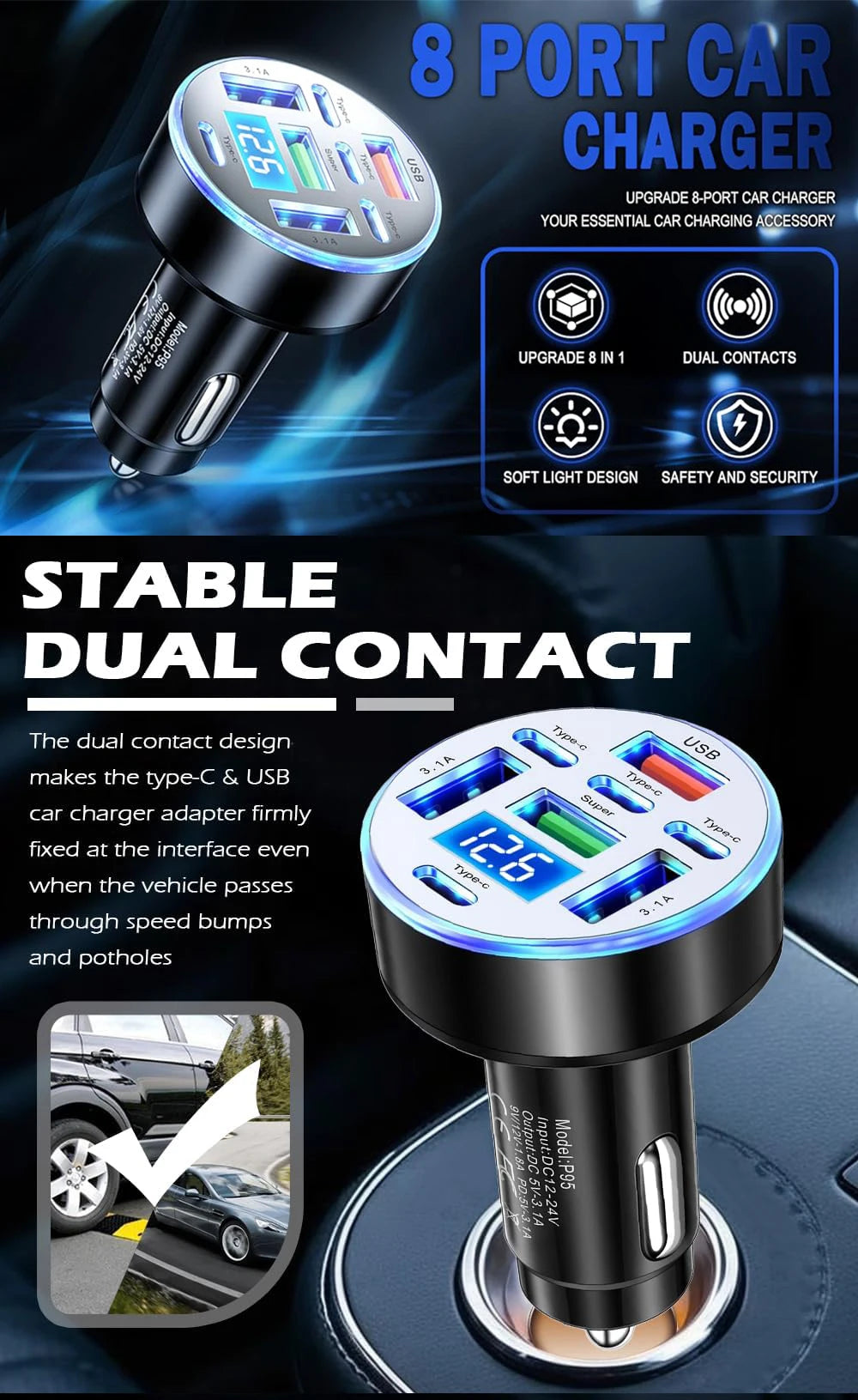 UYUXIO Multi Port USB C Car Charger Adapter 8 in 1 with Voltage Display Iight QC 4.0 PPS Super Fast Charge with Volt Meter