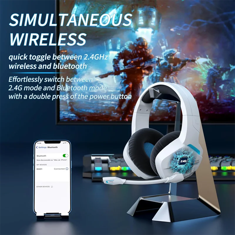 BINNUNE 2.4GHz Wireless Gaming Headset Bluetooth 5.3 Gaming Headphone with Noise Canceling Mic Multi-Platform for PS5/PS4/Switch
