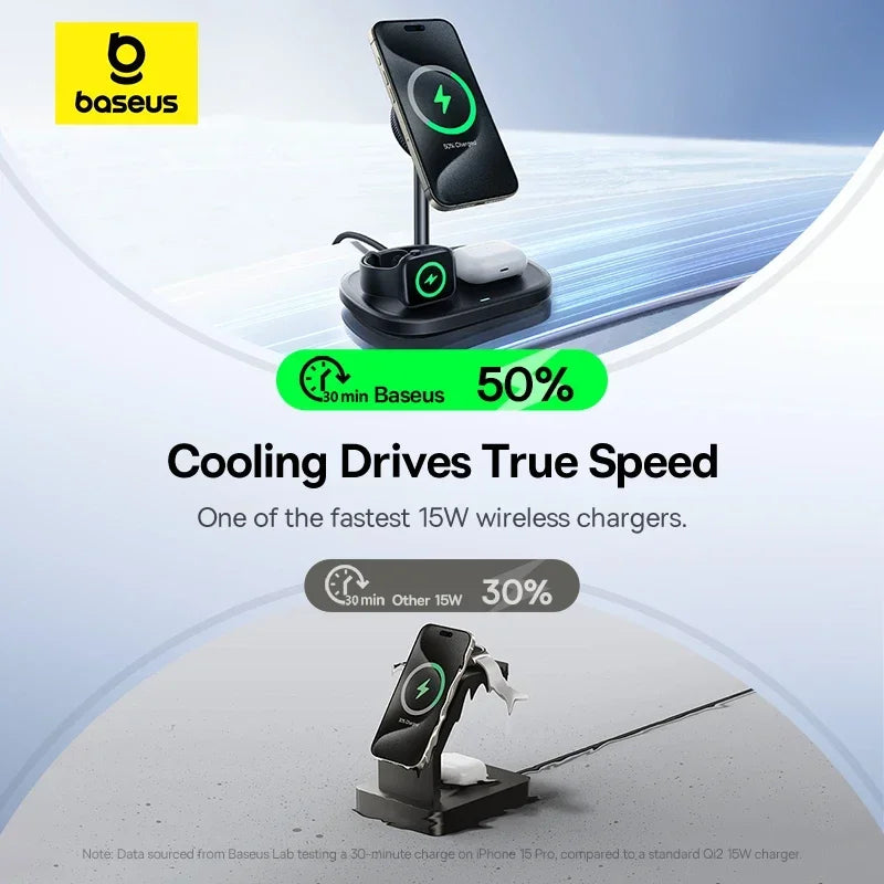 Baseus 22.5W 3-in-1 Wireless Charger Stand Qi2 15W Magnetic Fast Charging TEC Cooling For iPhone 16 15 14 AirPods Apple Watch