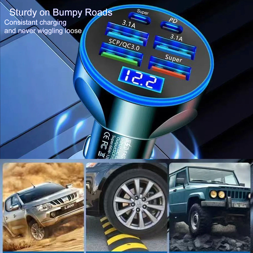 UYUXIO Multi Port USB C Car Charger Adapter with Voltage Display PD 30W Super Fast Charging 6 in 1 for MacBook iPhone Samsung