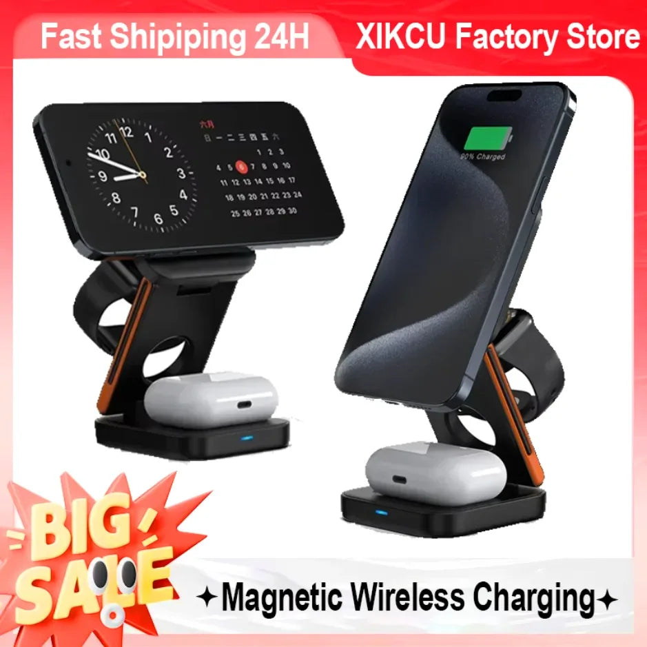 XIKCU 3 in 1 Foldable Charging Station Fast Magnetic Wireless Charger Stand for iPhone 16-12 Apple Watch 9 8 7 6 Airpods Pro