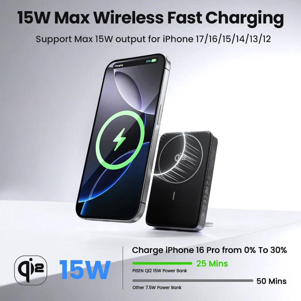 PISEN PD 30W Qi2 15W Wireless Magnetic Power Bank 10000mAh With Stand Fast Charging CCC Powerbank For MagSafe iPhone 17 16 15 14