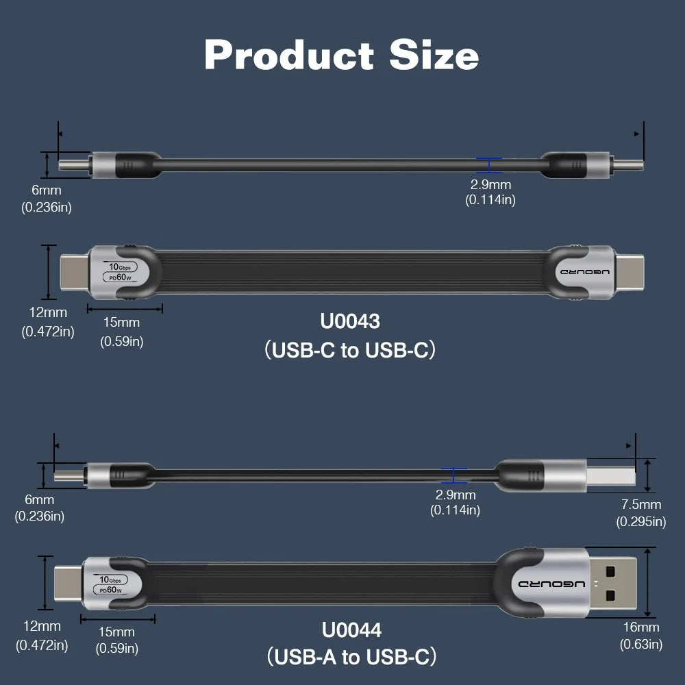 UGOURD USB A to C 10Gbps Cable USB C to Type C USB3.1/3.2 Gen2 Cable Data Transfer USB SSD Hard Disk Cable 60W 0.15m - 3m Flat