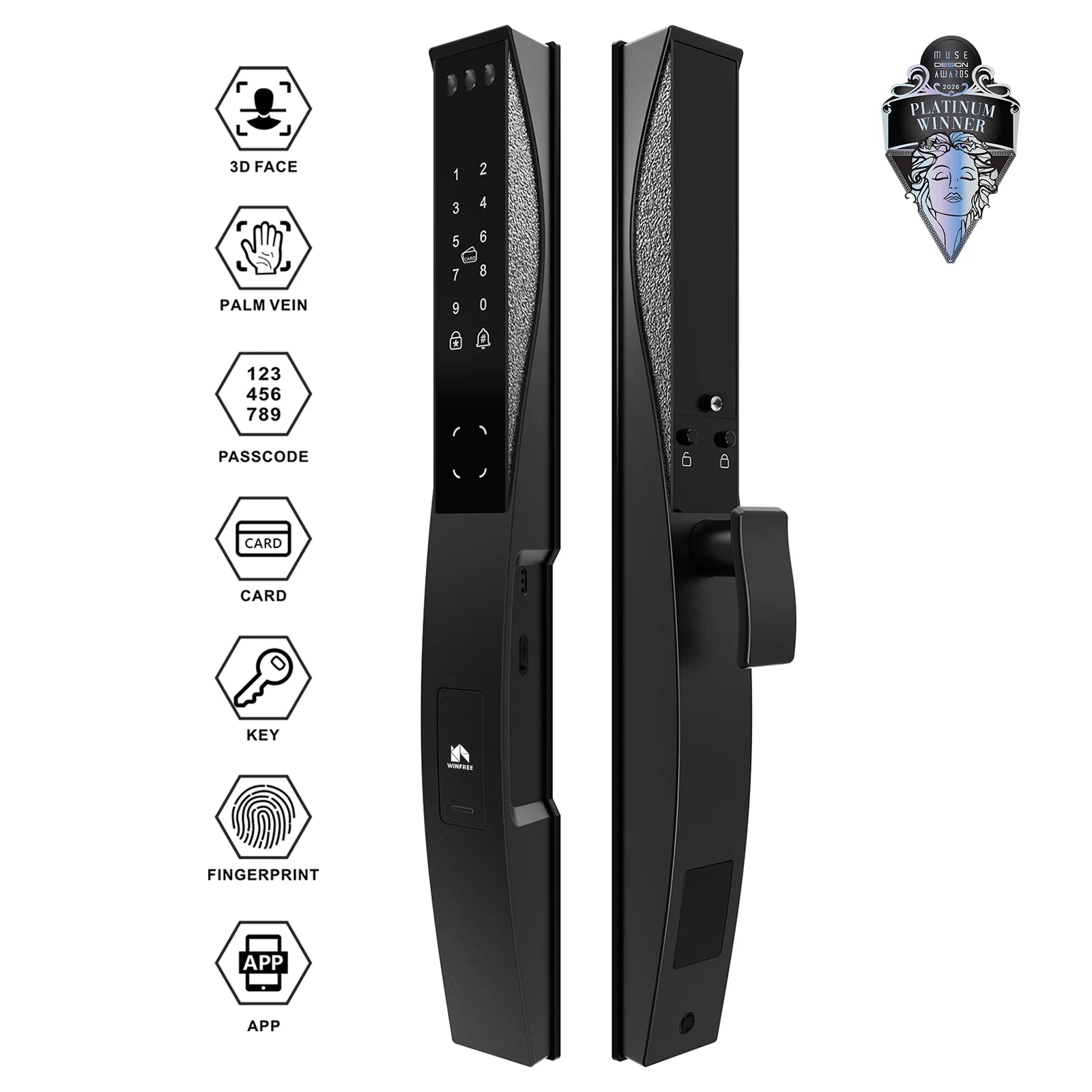WINFREE 3D Face Recognition Smart Door Lock Slim Door Smart Lock Fingerprint Passcode Card Tuya APP Control Digital Lock Waterproof and Rechargeable Battery Intelligent Lock for Front Door and Gate