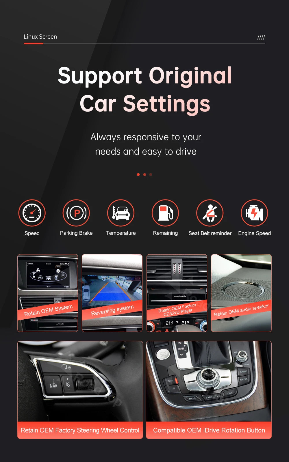 1920*720 RoadTop Linux Touch Screen Multimedia Display For Audi Q5 2009-2017 With Wireless CarPlay Android Auto Airplay Autolink