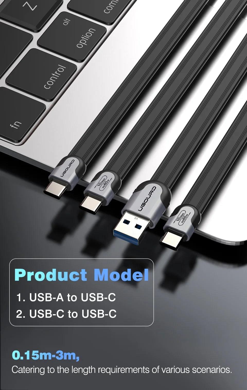 UGOURD USB A to C 10Gbps Cable USB C to Type C USB3.1/3.2 Gen2 Cable Data Transfer USB SSD Hard Disk Cable 60W 0.15m - 3m Flat