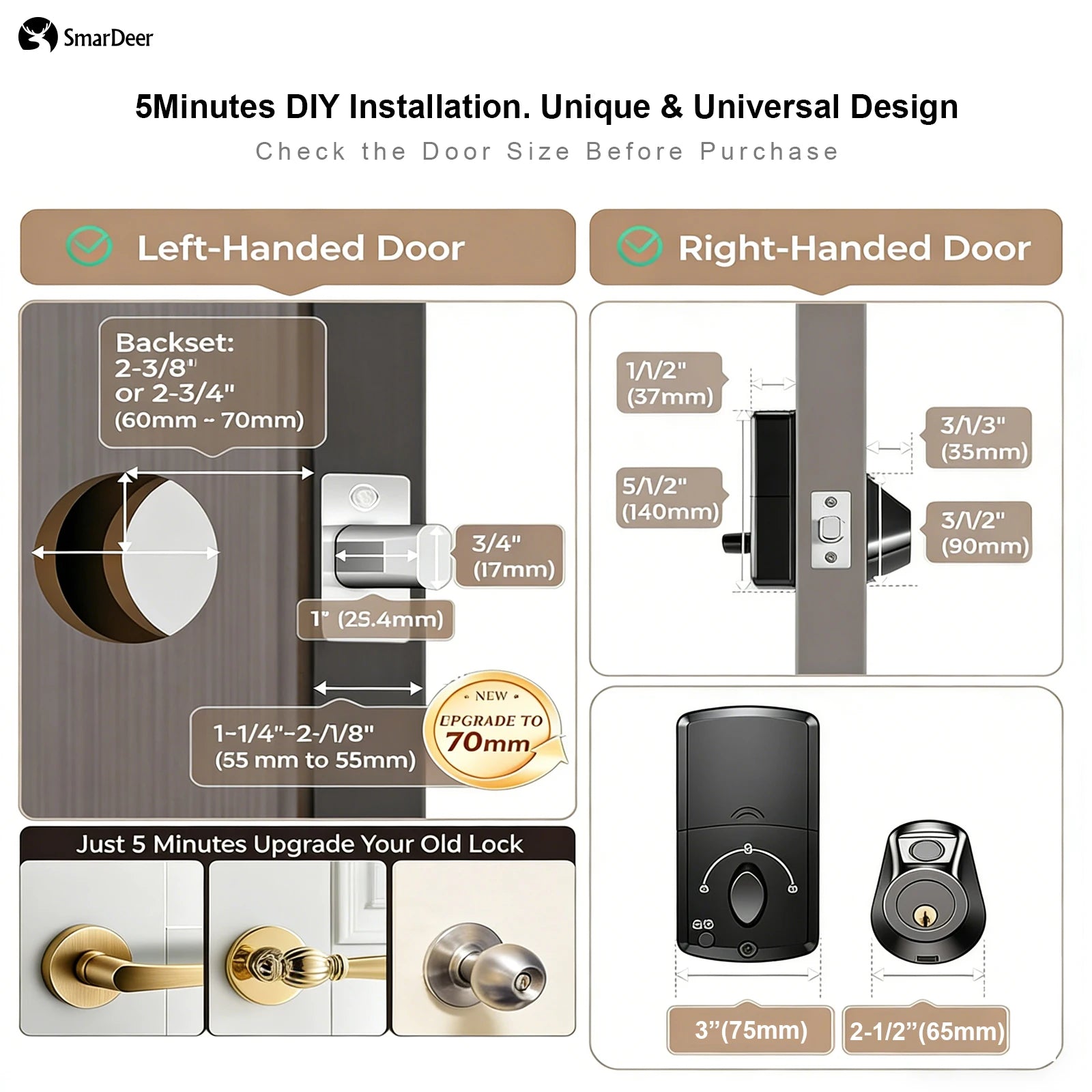 SmarDeer Electronic Lock for Tuya Smart Lock Keyless entry Digital Door Lock Smart Deadbolt with Fingerprint