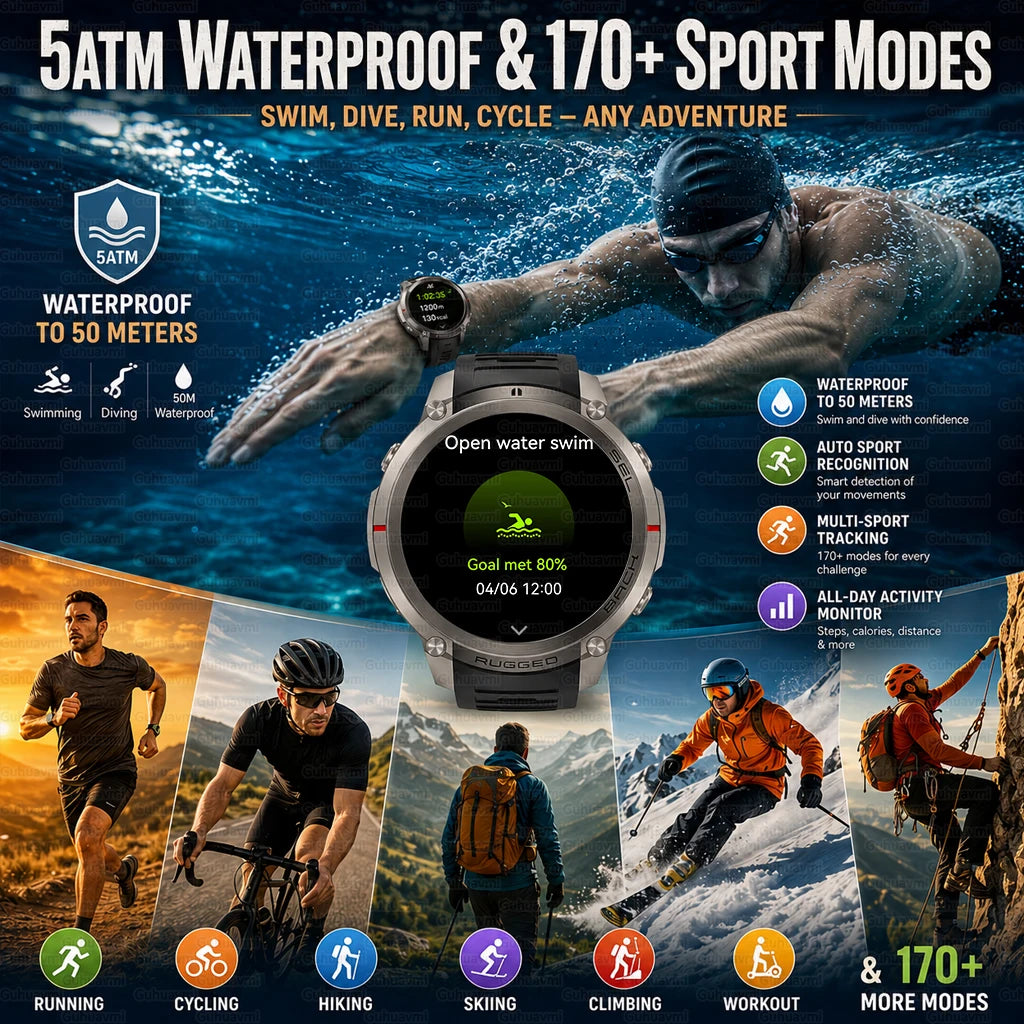 Outdoor Tactical GPS Smart Watch Offine Map Compass Heart Rate Monitor Fitness Tracker 5ATM Waterproof Adventure Sports Watches