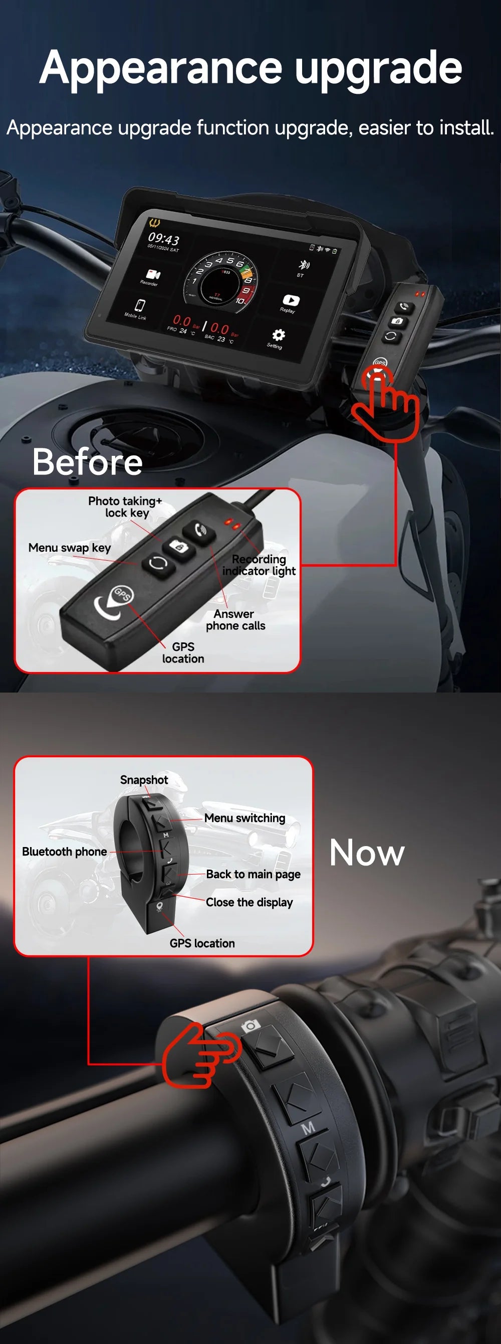 2024 Motorcycle GPS Navigation 2K HD Recorder Wireless CarPlay Android Auto Multimedia Player IP67 Waterproof Screen Bluetooth