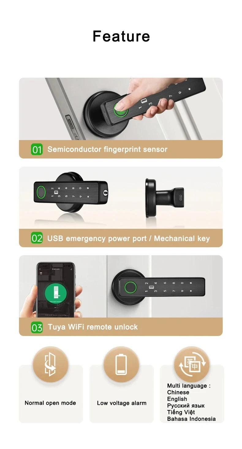 Tuya SmartLife APP WiFi Remote Control Smart Fingerprint Password RFID IC Card Dead Bolt Lock For Indoor Home Wooden Metal Door