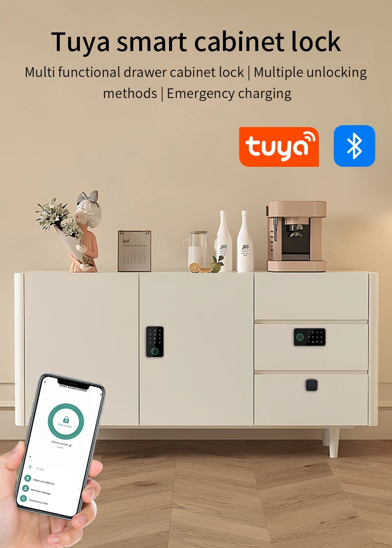 Smart Fingerprint Drawer Lock Tuya APP Electric Keyless Invisible Sensor Lock 13.56Mhz IC Card Unlock No Hole Cabinet Furniture