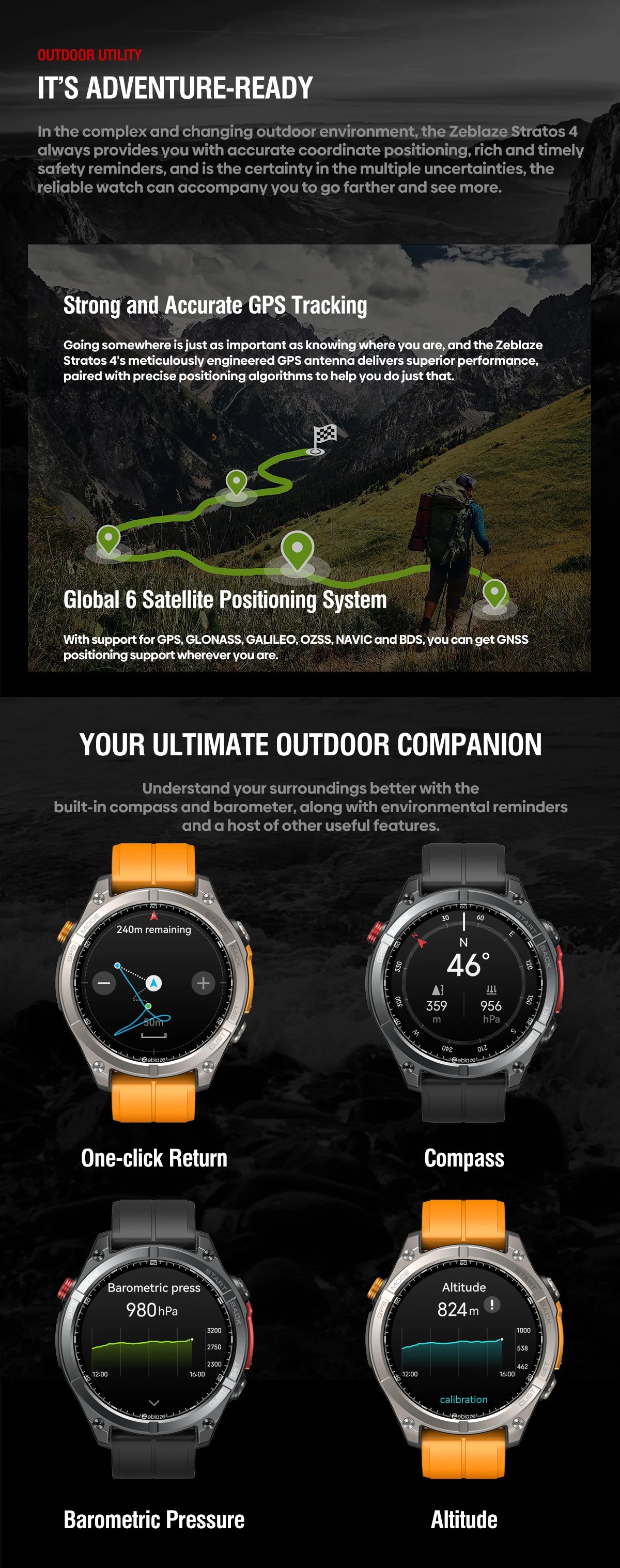 New Zeblaze Stratos 4 GPS Smart Watch 1.43'' AMOLED Display Built-in Flashlight Compass Barometric Altimeter 5 ATM Smartwatch