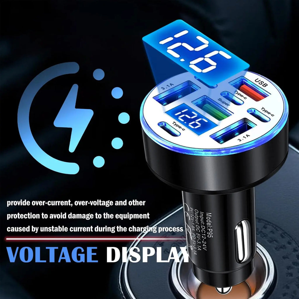 UYUXIO Multi Port USB C Car Charger Adapter 8 in 1 with Voltage Display Iight QC 4.0 PPS Super Fast Charge with Volt Meter