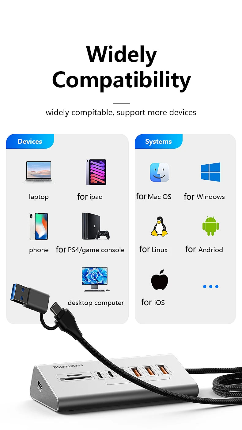 10Gbps USB 3.2 Docking Station USB Hub Type C Splitter with Card Reader Aluminum Alloy Multi 8/9 Ports Switch For PC Laptop