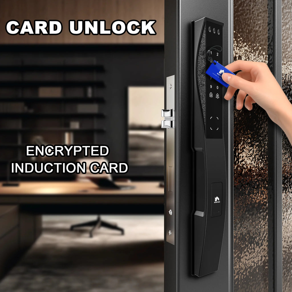 WINFREE 3D Face Recognition Smart Door Lock Slim Door Smart Lock Fingerprint Passcode Card Tuya APP Control Digital Lock Waterproof and Rechargeable Battery Intelligent Lock for Front Door and Gate
