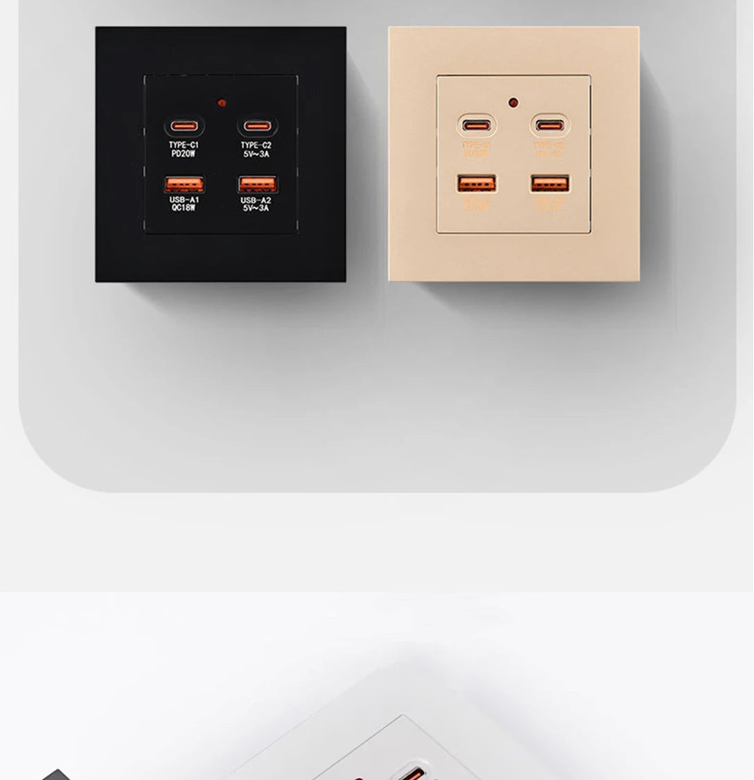 White universal wall USB C socket, 20W type-c 4 port 18W USB plug adapter socket, wall mount EU 220 volt power socket