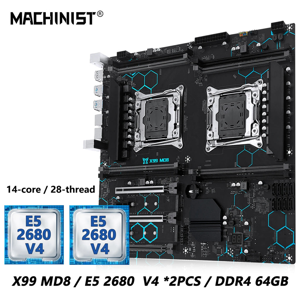 MACHINIST X99 MD8 Dual CPU Motherboard Optional  Kit Set lntel Xeon E5 2680 V4 LGA2011-3 DDR4 32GB RAM C612 chip Server Computer