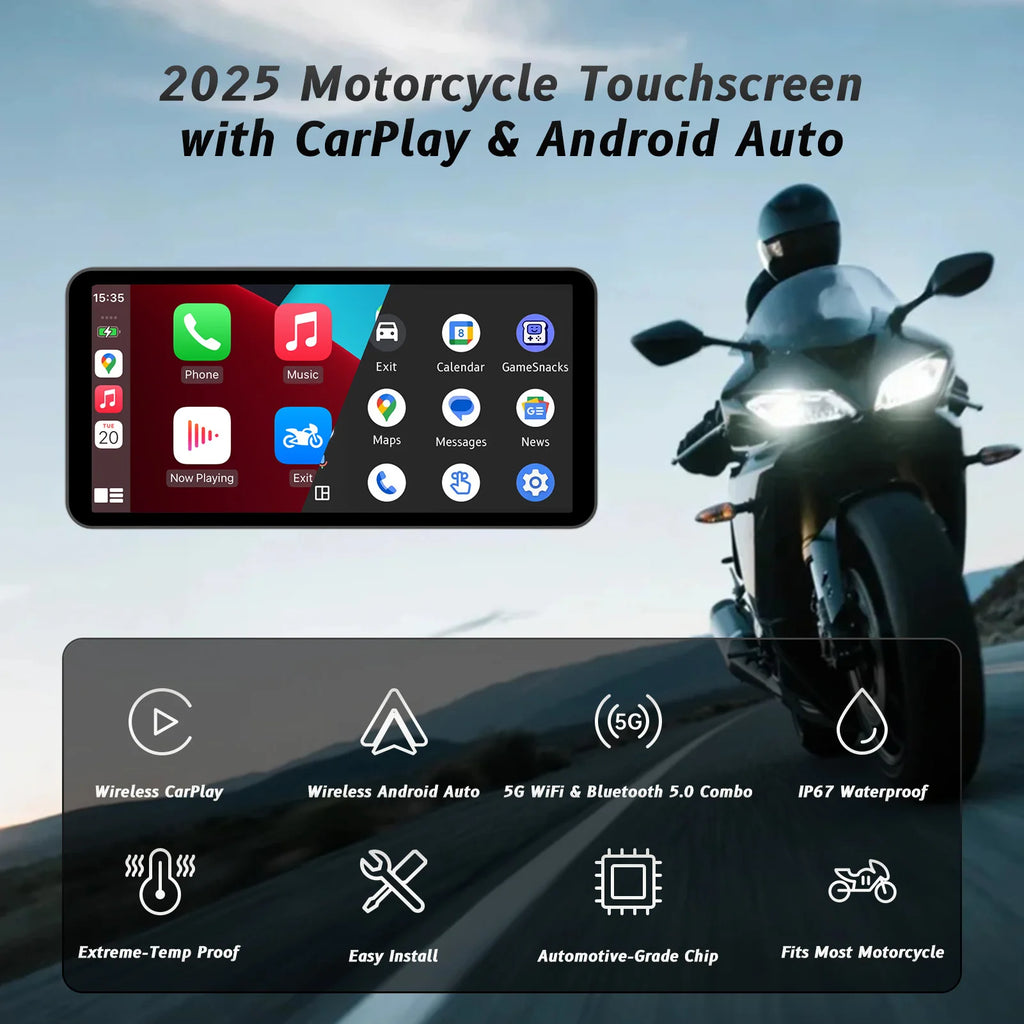 6-Inch Motorcycle Smart Display – Wireless CarPlay & Android Auto | Bluetooth Voice Control | IP67 Waterproof | HD Touchscreen |