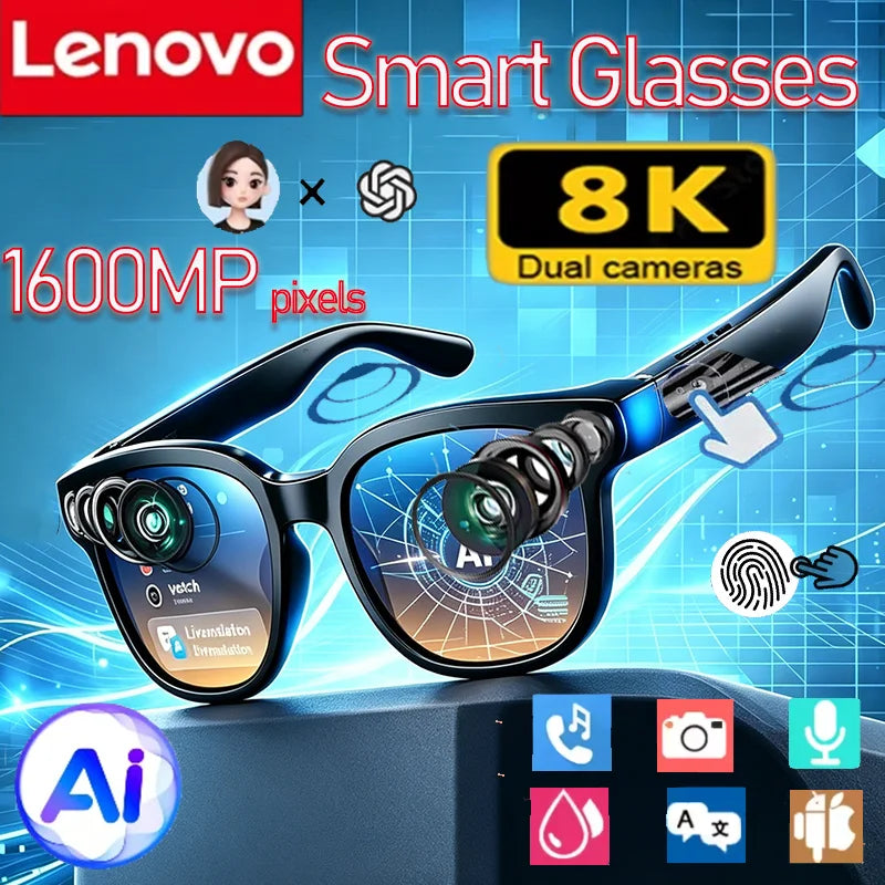 Lenovo AI Smart Glasses 8K 1600MP Touch Control Photo Recording Voice Assistant Translator Music Wireless Bluetooth Sunglasses