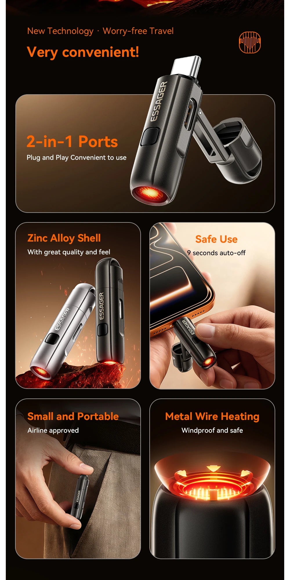 Essager 2-in-1 Type-C Portable Mini Cigarette Lighter with Air Blowing Function Outdoor Safety USB-C Adapter