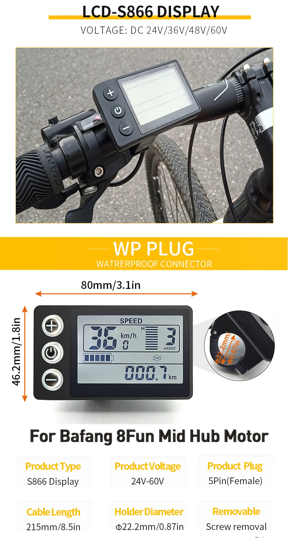 E-bike Bafang LED S866 Display for BBS01/BB02/BBSHD Bafang Mid Motor with 5 Pin Female Plug for Electric Bicycle Conversion