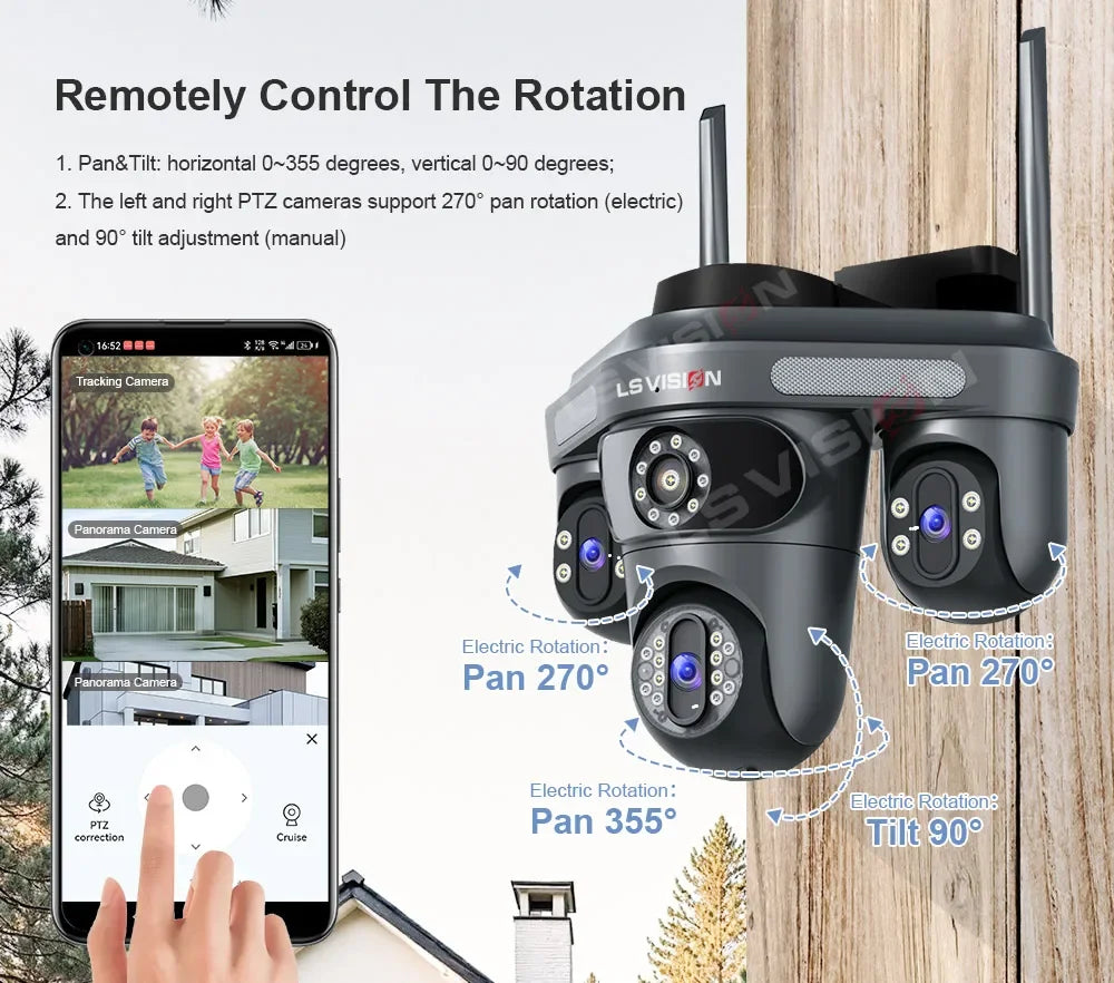 LS VISION 15MP Three Screens WiFi IP Camera Wireless Outdoor Three Lens PTZ Waterproof Human Auto Tracking Surveillance Cameras