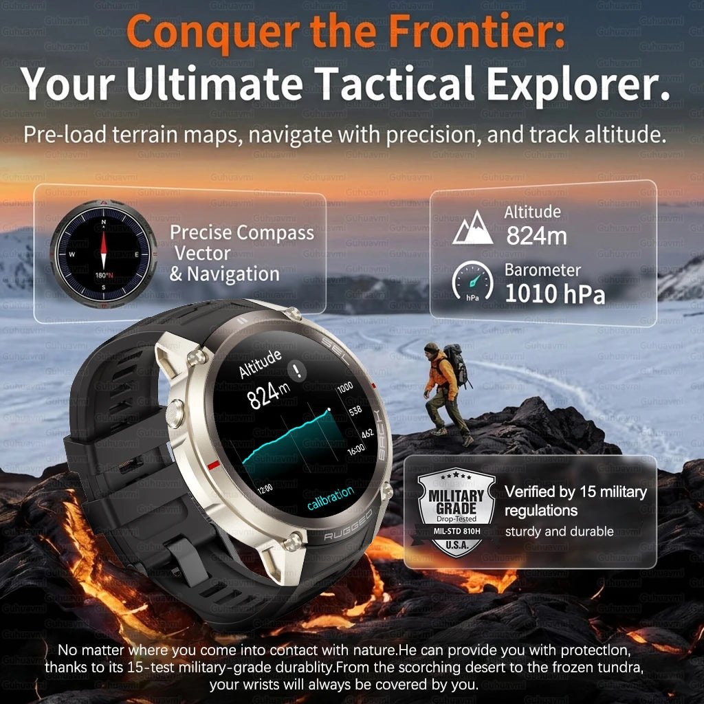 Outdoor Tactical GPS Smart Watch Offine Map Compass Heart Rate Monitor Fitness Tracker 5ATM Waterproof Adventure Sports Watches