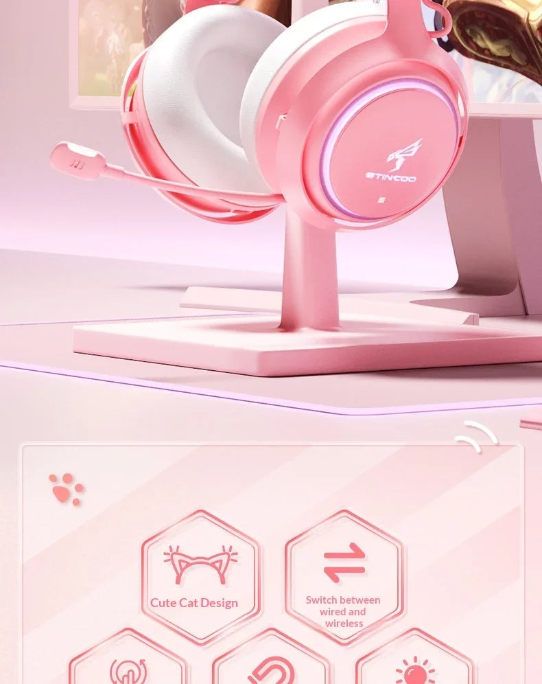 Somic GS510 Gamers Headphone With Microphone Cat Ears Rgb Light Colorful Cute Headset Noise Reduction Girl Gaming Earphones Gif