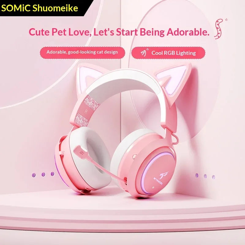 Somic GS510 Gamers Headphone With Microphone Cat Ears Rgb Light Colorful Cute Headset Noise Reduction Girl Gaming Earphones Gif