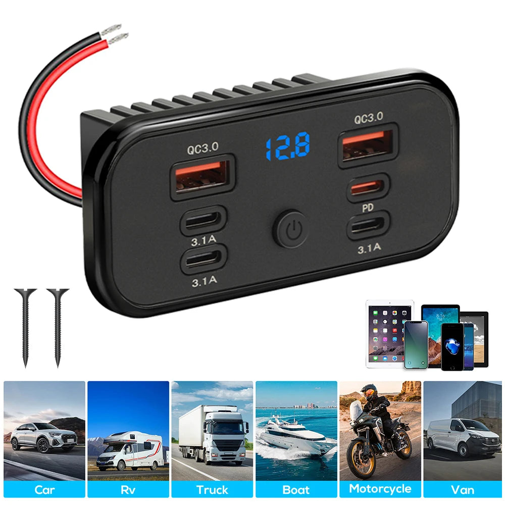 Dual Qc3.0 Pd Type C Dual Usb Fast Charger 3.1A Fast Charging with Switch 6-Port Power Panel for Bus Atv Car Truck Marine