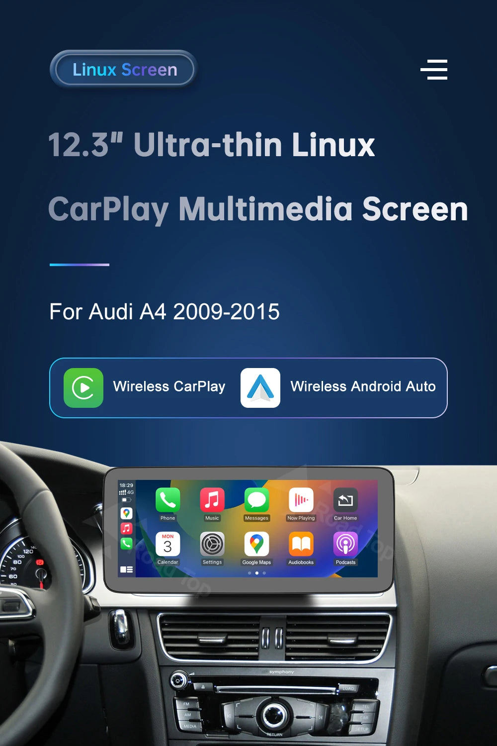 8.9 Inch 12.3"" Multimedia Display Touch Screen For Audi A4 S4 2009-2015 Airplay Miracast Function Wireless Carplay Android Auto