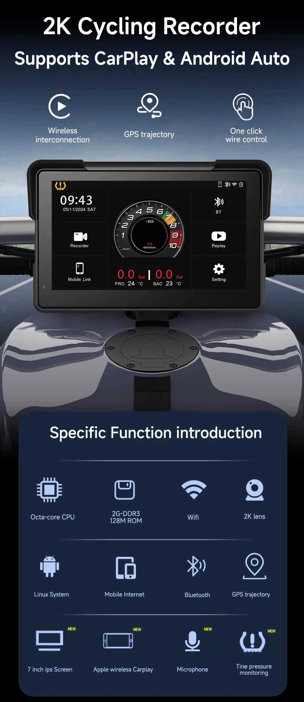 2024 Motorcycle GPS Navigation 2K HD Recorder Wireless CarPlay Android Auto Multimedia Player IP67 Waterproof Screen Bluetooth