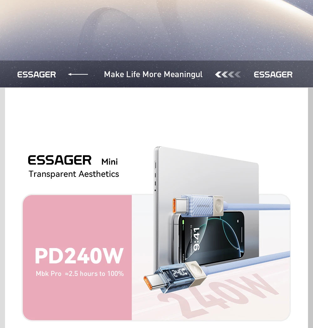 Essager 240W USB Type C Cable 100W PD 3.1 Fast Charging LED Display Charger Wire For MacBook iPhone Samsung Xiaomi iPad Laptop